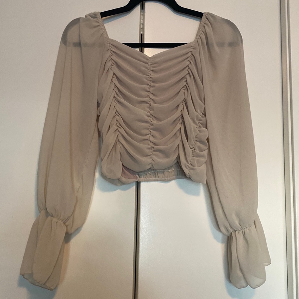 Ruched Long-Sleeve Peasant Top - Beige